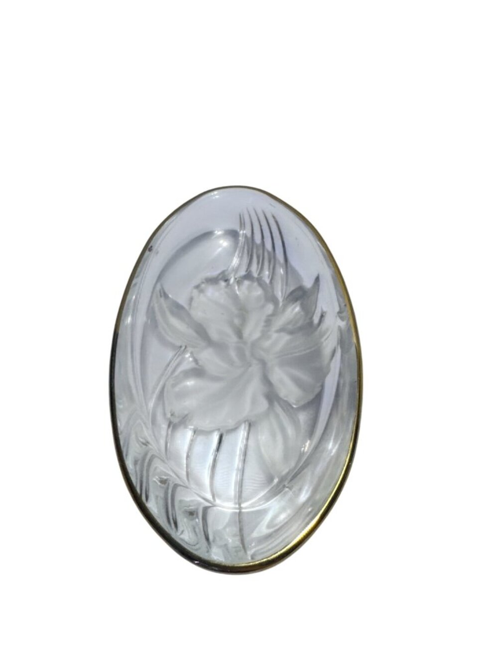 Clear Glass Oval Plate Frosted Iris Floral Gold Rim Decor Candy or Trinket Dish